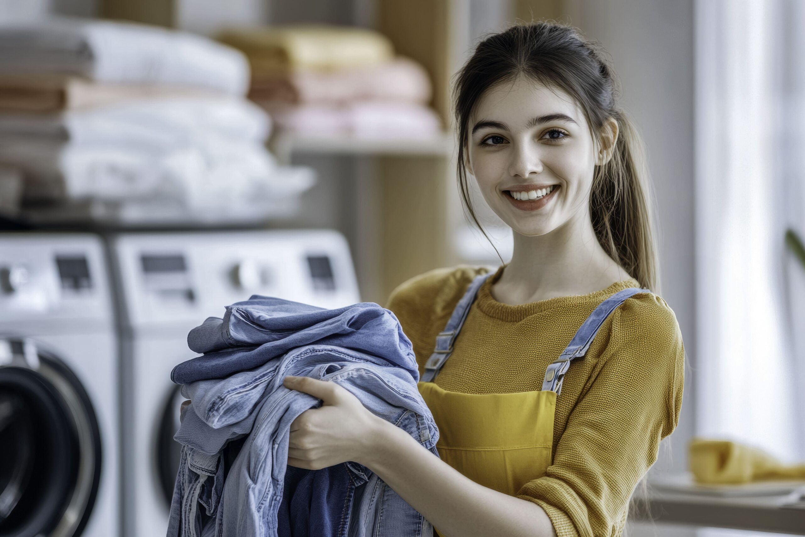 Woman holding folded clothes